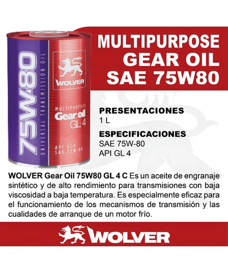 Wolver Multipurpose Gear Oil 75W-80 GL-4 1L – Aceite para Transmisión Manual - Imagen 2